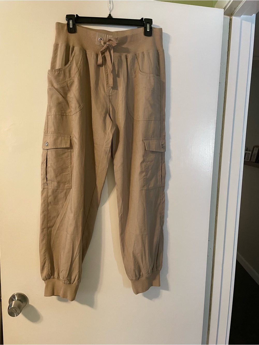 Women's Tan Cargo Jogger Pants with Drawstring Waist